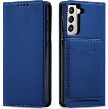 Këllëf telefoni Hurtel Magnet Card Case për Samsung Galaxy S22 Plus, me portofol për karta, me mbajtëse, blu