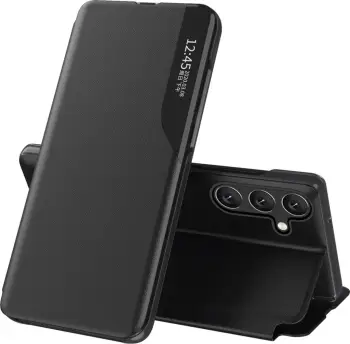 Mbështjellës Hurtel Eco Leather View Case për Samsung Galaxy S25+, e zezë
