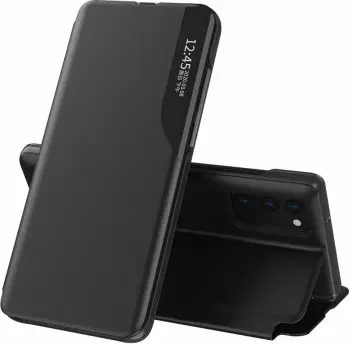 Mbështjellës Hurtel Eco Leather View Case për Samsung Galaxy A02s EU, me kapak dhe qëndrim, i zi