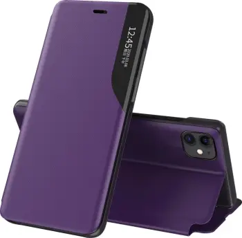 Mbështjellës Hurtel Eco Leather View Case për iPhone 13 mini, me kapak dhe qëndresë, vjollcë