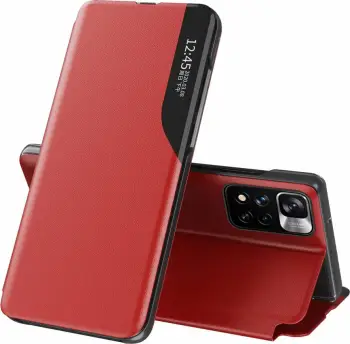 Mbështjellës Hurtel Eco Leather View Case për Poco M4 Pro 5G/Redmi Note 11S 5G/Note 11T 5G, me kapak, funksion stand, e zezë