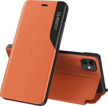 Mbështjellës Hurtel Eco Leather View Case për iPhone 13 mini, me kapak dhe qëndrim, portokalli
