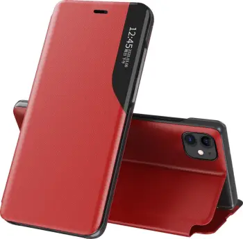 Mbështjellës Hurtel Eco Leather View Case për iPhone 13 mini, me kapak dhe mbajtës, Kuq