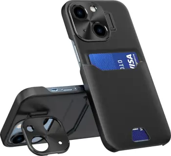 Mbështjellës Hurtel Leather Stand Case për iPhone 14 Pro, me xhep kartelash dhe mbajtëse, e zezë
