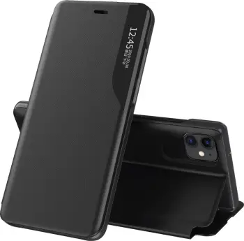 Mbështjellës Hurtel Eco Leather View Case për iPhone 13 Pro Max, me qëndrim, e zezë