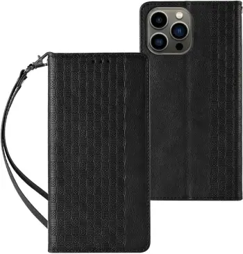 Mbështjellës Hurtel Magnet Strap Case për iPhone 14 Plus, flip wallet me lanyard, e zezë