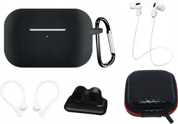 Set mbështjellës silikoni për AirPods Pro 2/1 Hurtel, me karabiner, rrip qafe, mbajtëse për orë, kllapa për vesh, zi