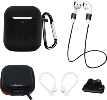 Set mbështjellës silikoni për AirPods 1/2 Hurtel, me karabiner, rrip qafe, mbajtëse për orë, kllapa për veshë, zi