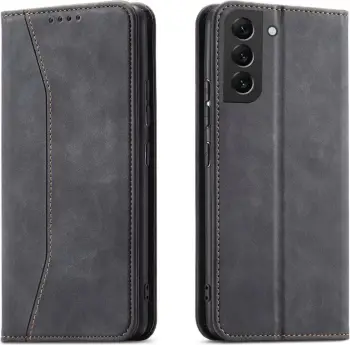 Kapak portofol Hurtel Magnet Fancy Case për Samsung Galaxy S22 Plus, me mbajtëse kartash, me këmbëz qëndrimi, i zi