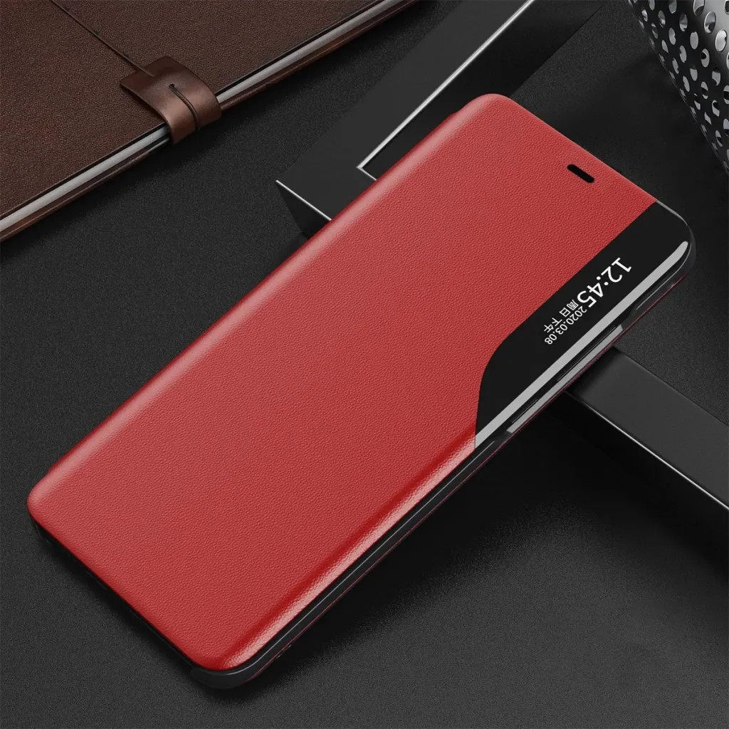 Mbështjellës Hurtel Eco Leather View Case për iPhone 13 Pro Max, me qëndrim, e kuqe - 11