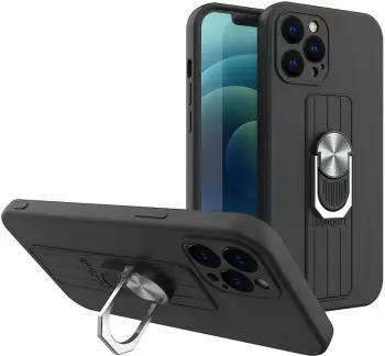 Mbështjellës silikoni Hurtel Ring Case me mbajtëse gishti dhe qëndrim për Samsung Galaxy A73, Zi