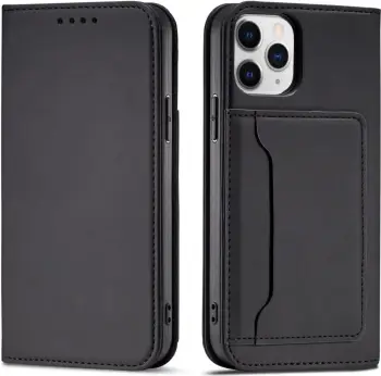 Kapak portofol për telefon Hurtel Magnet Card Case për iPhone 12, me mbajtëse kartash, me qëndrim, i zi