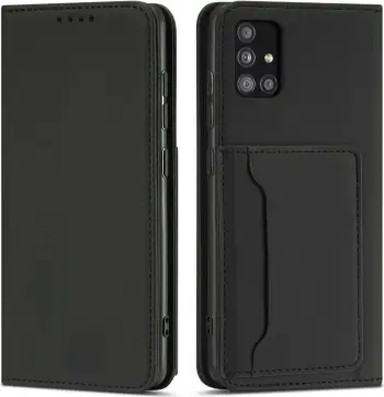 Kapak me magnet për karta Hurtel për Samsung Galaxy A12 5G, me stand, i zi