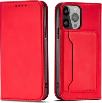 Mbulesë portofol Hurtel Magnet Card Case për iPhone 13 Pro Max, me mbajtëse kartash, funksion qëndrimi, e kuqe