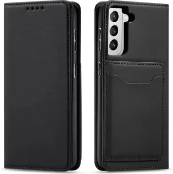 Mbulesë portofol Hurtel Magnet Card Case për Samsung Galaxy S22 Plus, me vend për karta, funksion stand, e zezë