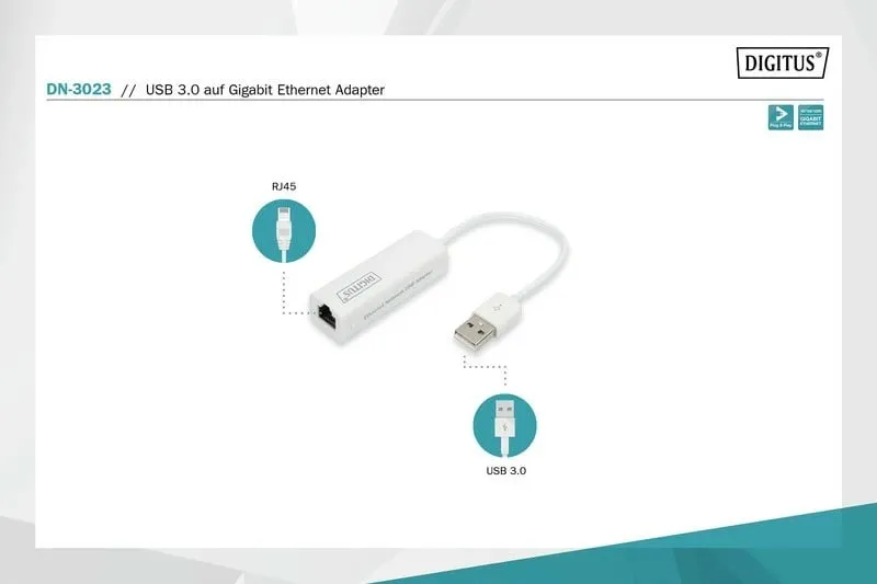 Përshtatës rrjeti Digitus DN-3023, 1 GBit/s, USB-A, i bardhë - 3