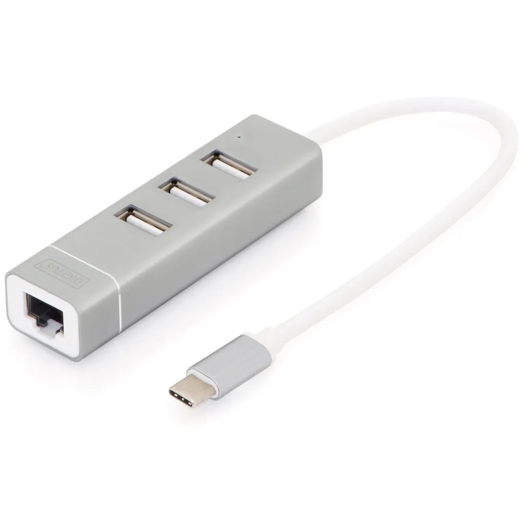 Hub USB Digitus, 3 porte, Ethernet, Alumini - 1