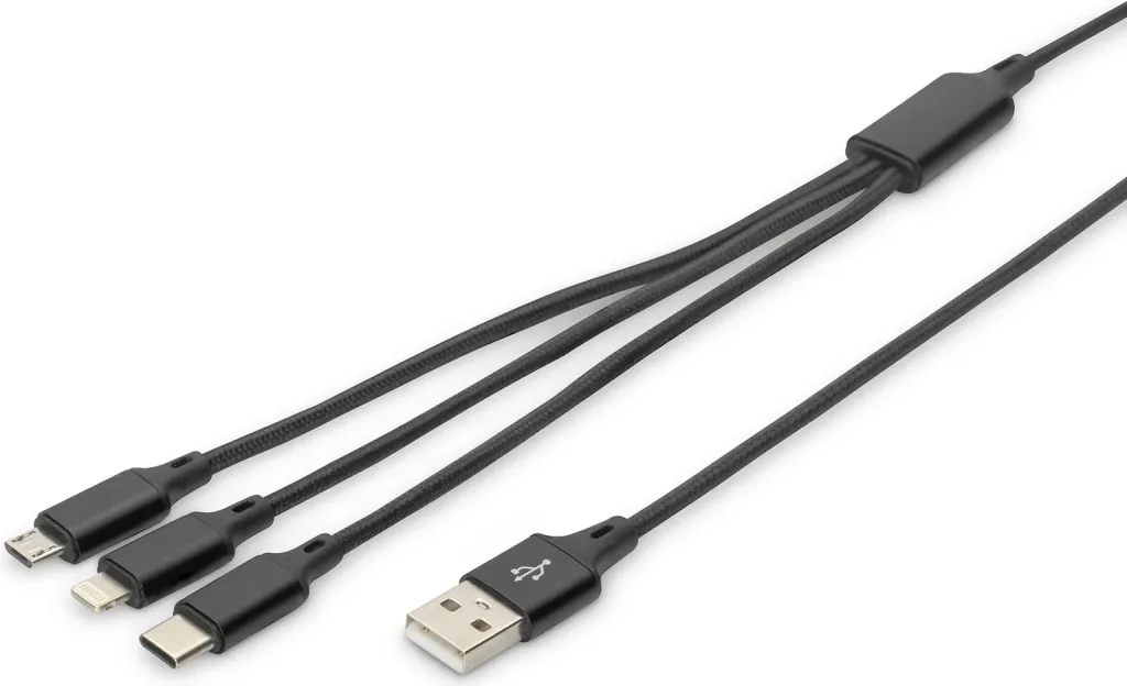 Kabllo karikimi 3-në-1 Digitus, 1 m, USB A, USB C, E zezë - 1