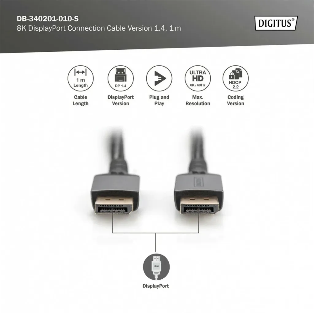 Kabllo DisplayPort Digitus 1.4, 1m, 8K, e zezë - 3