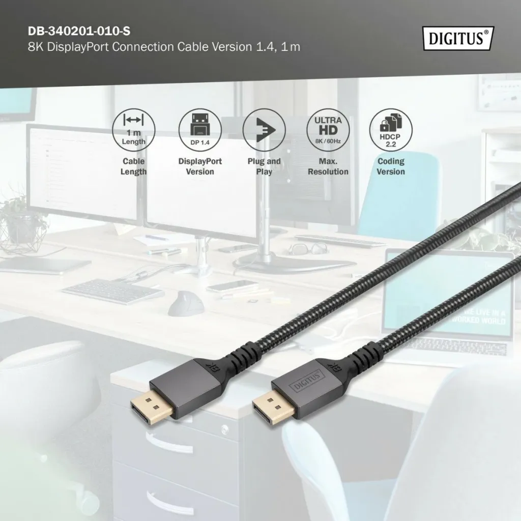 Kabllo DisplayPort Digitus 1.4, 1m, 8K, e zezë - 5