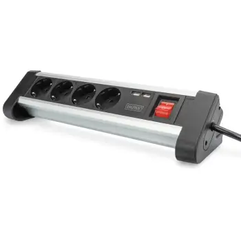 Kabllo për Furnizim me Energji Digitus Shirit me 4 Priza + 2xUSB-A me Ndërprerës – Zezë / Argjend