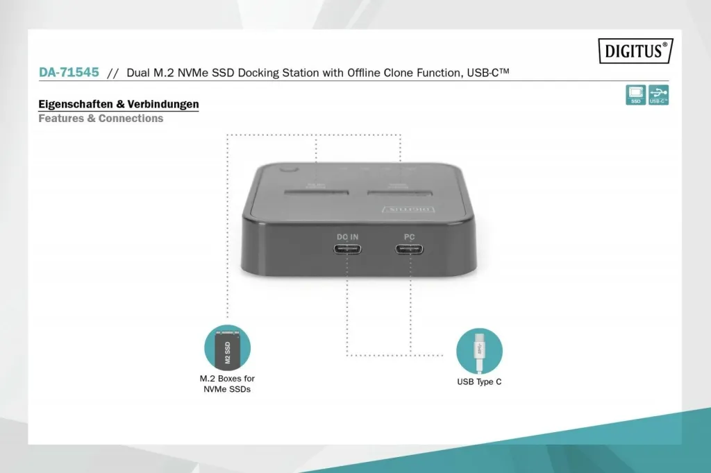 Docking station Digitus Dual M.2 NVMe, USB 3.2 Gen 2, me lexues SD, e zezë - 6