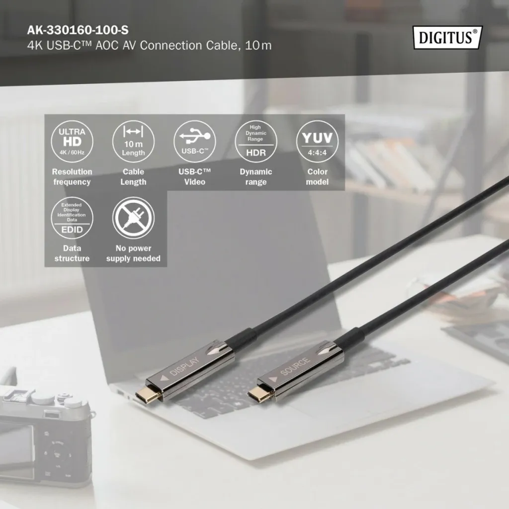 Kabllo USB Type-C Digitus 4K AOC AV, 10 m, USB 3.2 Gen 1, e zezë - 1
