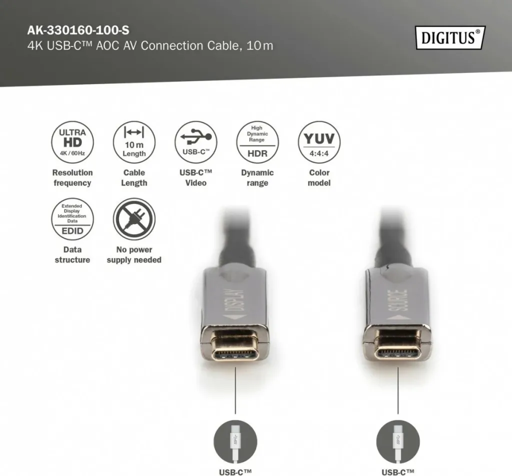 Kabllo USB Type-C Digitus 4K AOC AV, 10 m, USB 3.2 Gen 1, e zezë - 4