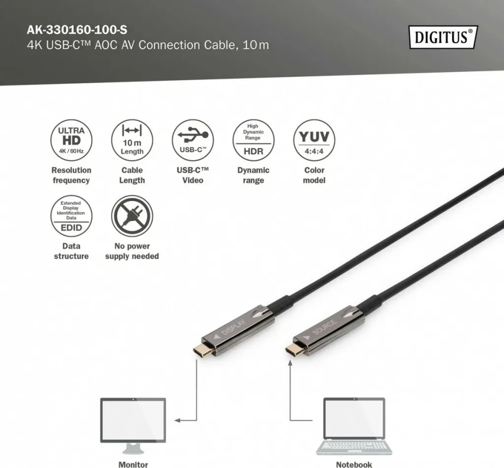 Kabllo USB Type-C Digitus 4K AOC AV, 10 m, USB 3.2 Gen 1, e zezë - 5