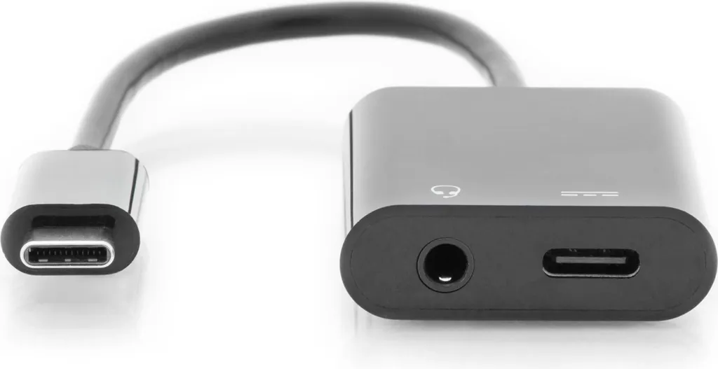 Kabllo adapter Digitus USB Type-C në 3.5mm + USB-C, 0.2m, zi - 4