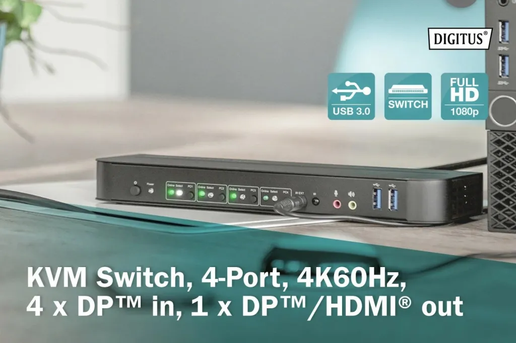 Switch KVM Digitus 4x1, DP dhe HDMI Out, USB 3.0, 4K 60Hz, i zi - 3