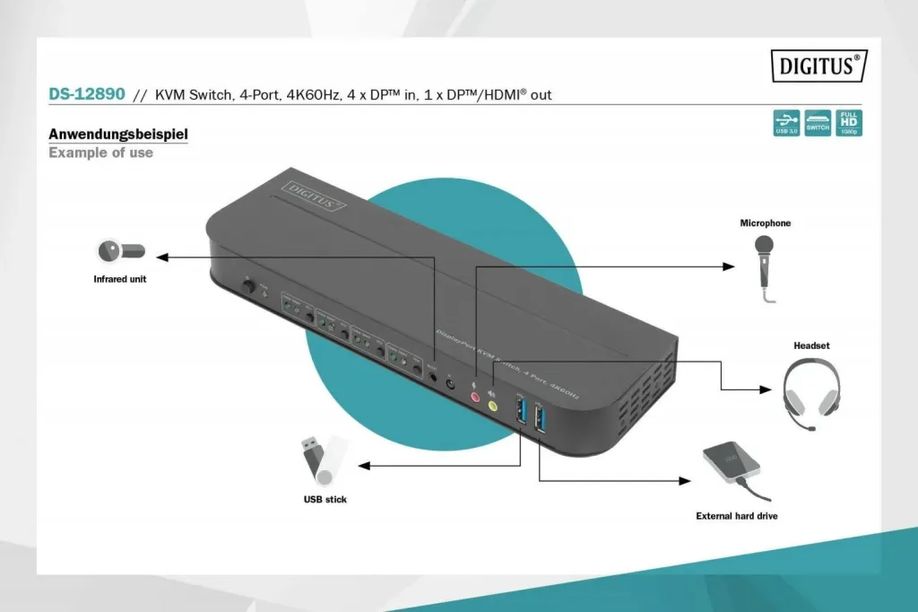Switch KVM Digitus 4x1, DP dhe HDMI Out, USB 3.0, 4K 60Hz, i zi - 7