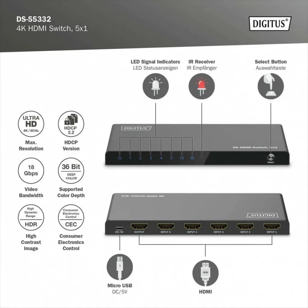 Switch HDMI Digitus 4K, 5x1, HDMI, Micro-USB, Metal, Zi - 5
