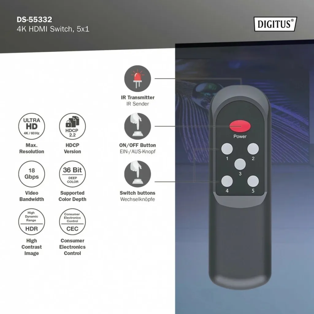 Switch HDMI Digitus 4K, 5x1, HDMI, Micro-USB, Metal, Zi - 6