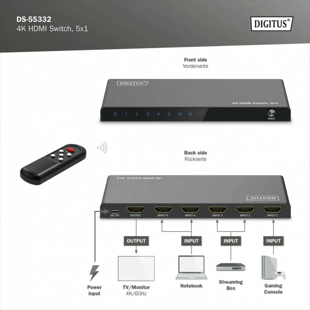 Switch HDMI Digitus 4K, 5x1, HDMI, Micro-USB, Metal, Zi - 7