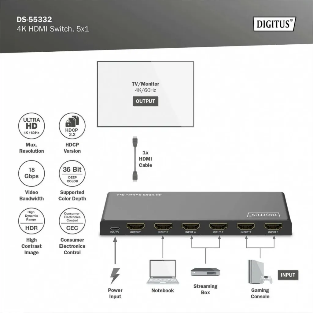Switch HDMI Digitus 4K, 5x1, HDMI, Micro-USB, Metal, Zi - 8