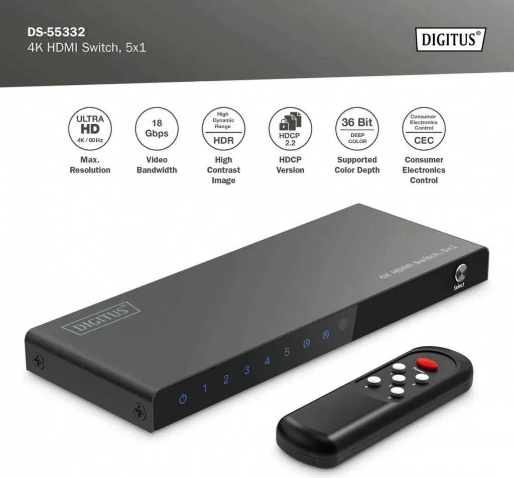 Switch HDMI Digitus 4K, 5x1, HDMI, Micro-USB, Metal, Zi - 9