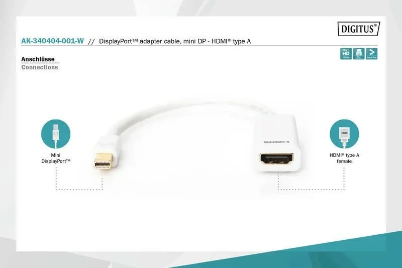 Përshtatës Digitus AV DisplayPort Mini - HDMI, 0.15m, i bardhë - 2