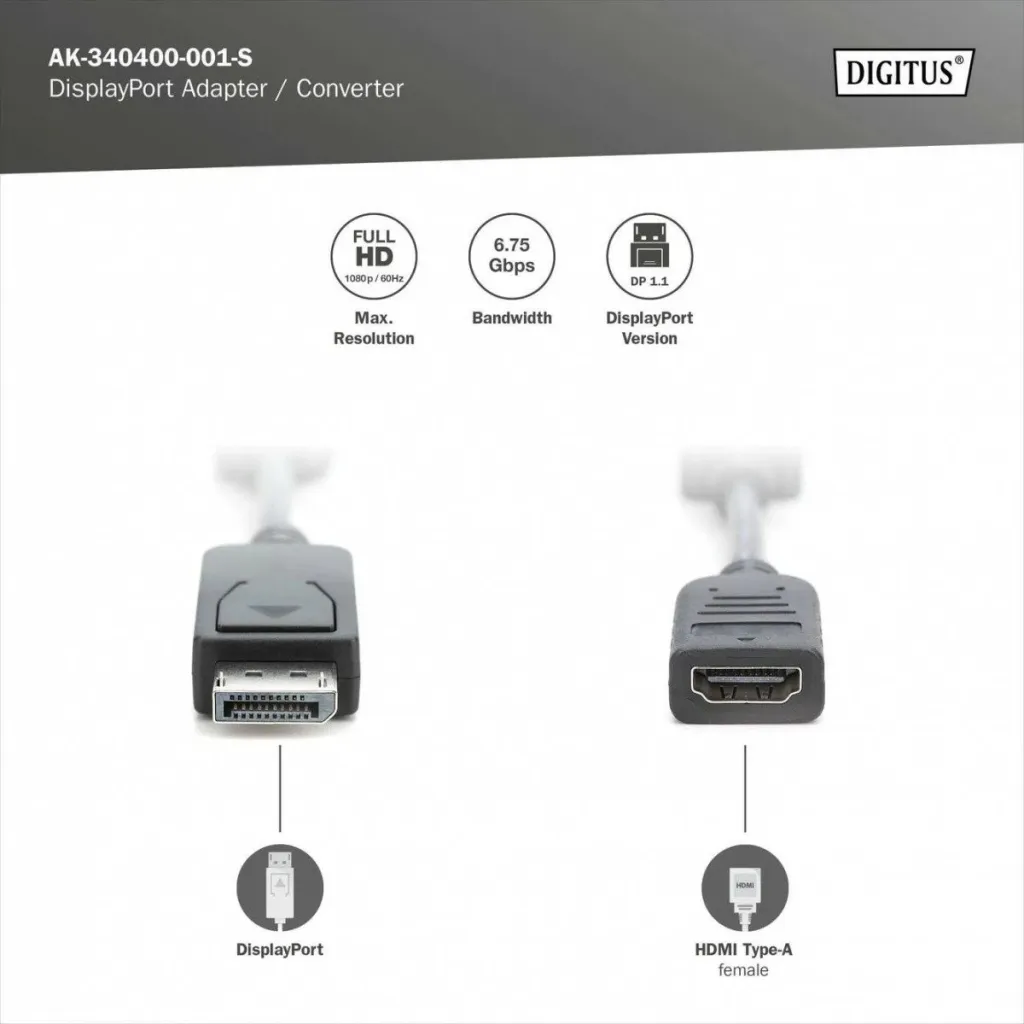 Përshtatës Digitus, DisplayPort - HDMI, M / F, 0.15m, i zi - 4