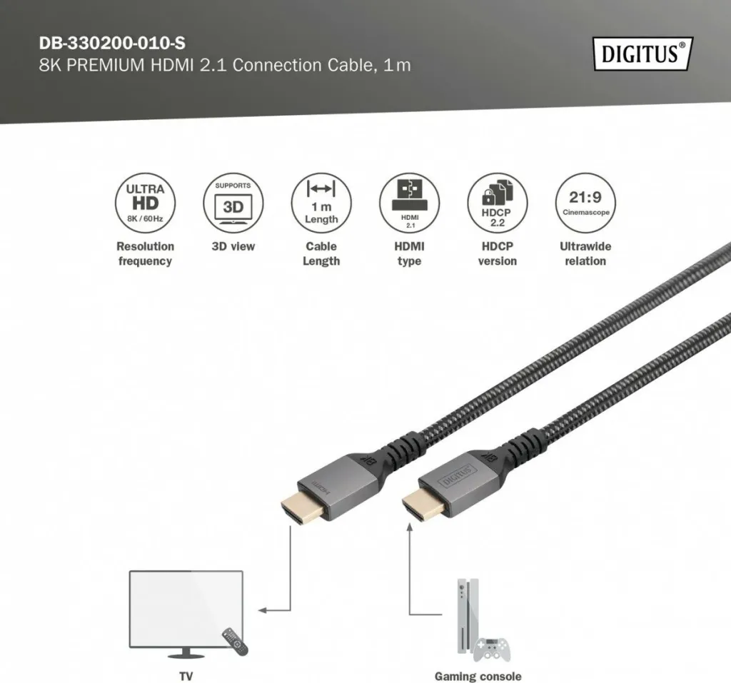 Kabllo HDMI Digitus 8K Premium 2.1, 1m, e zezë - 4