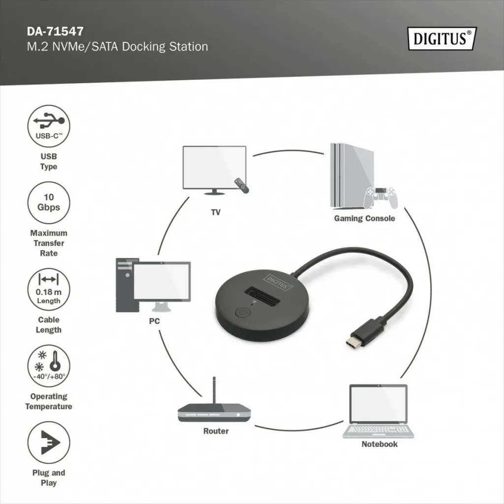 Dok USB-C për SSD Digitus NVMe/SATA, 4TB, e zezë - 6
