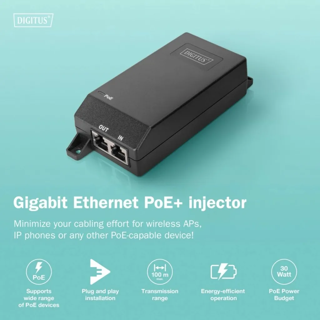 Injektor PoE Digitus Gigabit Ethernet, 802.3af/at, 30W, i zi - 8