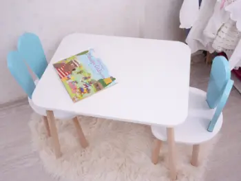 Set Tavoline për Fëmijë Bunny Two Chair Set, kaltër bebe, bardhë