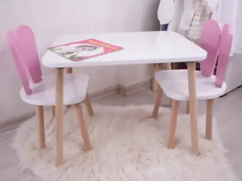 Set Tavoline për Fëmijë Bunny Two Chair Set, rozë, bardhë