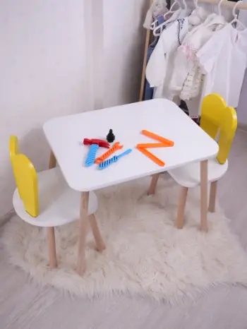 Set Tavoline për Fëmijë Bunny Two Chair Set, verdhë, bardhë