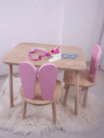 Set Tavoline për Fëmijë Bunny Two Chair Set, rozë, kafe