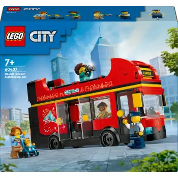 Lodër ndërtimi LEGO City 60407, autobus i kuq dykatësh, 5 minifigura, i kuq