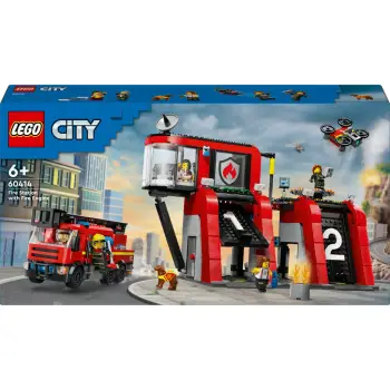 Set ndërtimi LEGO City 60414, stacion zjarri me kamion, 843 pjesë, shumëngjyrësh