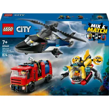 Set ndërtimi LEGO City 60462, helikopter, kamion zjarrfikës, nëndetëse, 874 pjesë, multingjyrësh