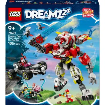 Set ndërtimi LEGO DREAMZzz 71497, Cooper Tiger-Mech & Zero Hot Rod, 1006 pjesë, multikolor